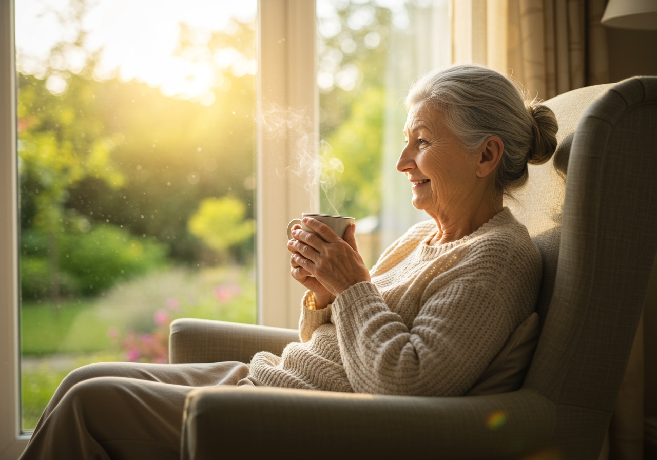 A cozy scene of a senior person relaxing in a chair by a window, holding a cup of herbal tea.
