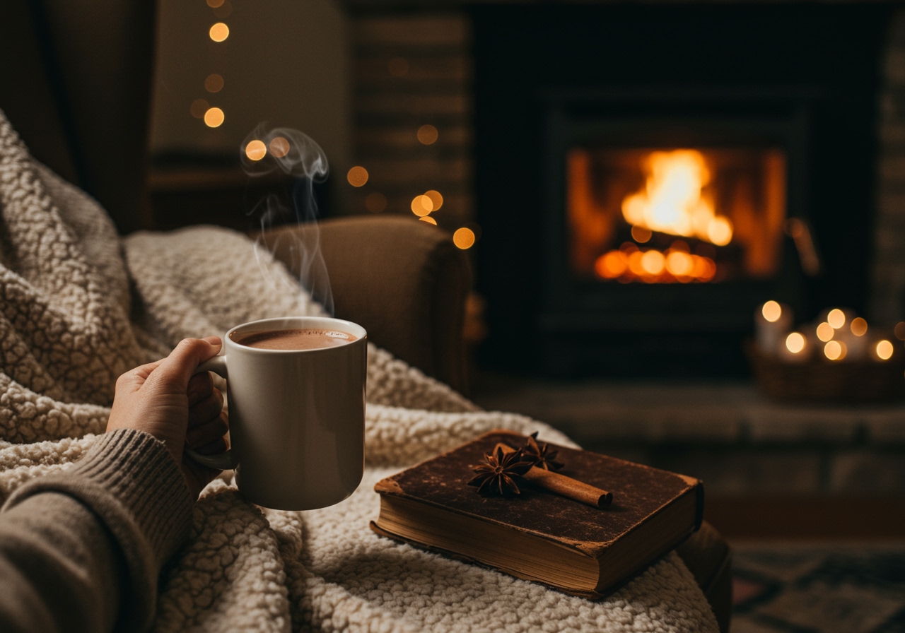 A cozy scene with a mug of the drink, a book, and a warm blanket