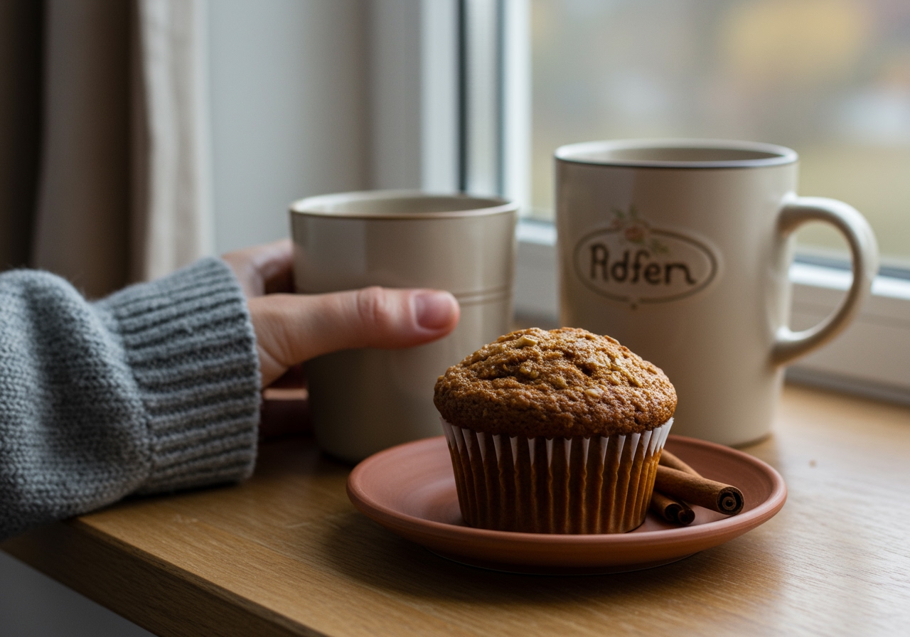 A cozy scene with a person enjoying a bran muffin and a warm cup of herbal tea, perhaps near a window with soft morning light. The muffin is on a small, rustic plate, inviting and comforting.