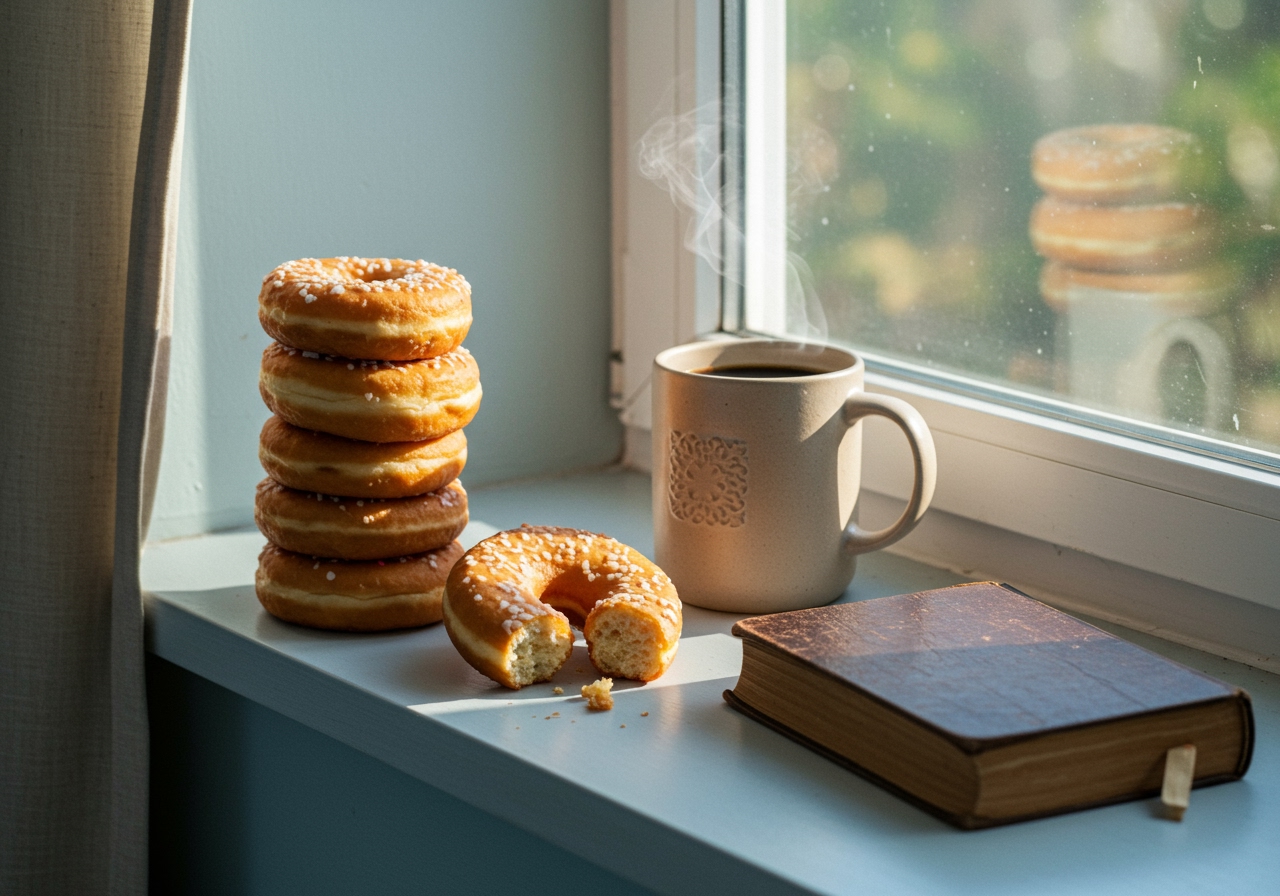 A cozy scene with a stack of homemade donuts, a steaming mug of coffee, and a book on a window sill, implying a peaceful morning or afternoon break.