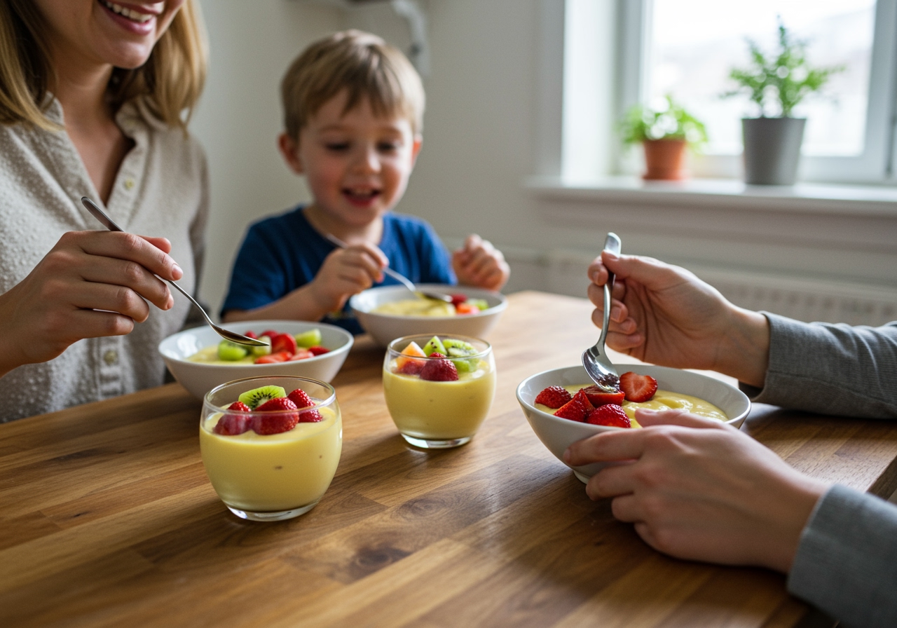 A cozy, warm scene of a family sharing healthy custard with fresh fruit toppings at a kitchen table. The atmosphere is joyful and relaxed, highlighting the shared experience of healthy eating.