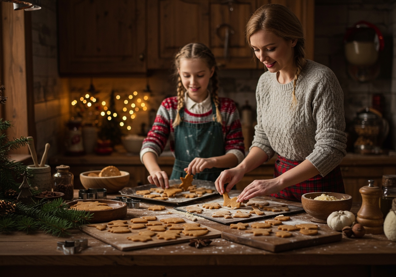 A cozy, warm scene of a German family baking Christmas cookies together in a rustic kitchen, with various cookie shapes on the table and festive decorations. Focus on the warm, inviting atmosphere.