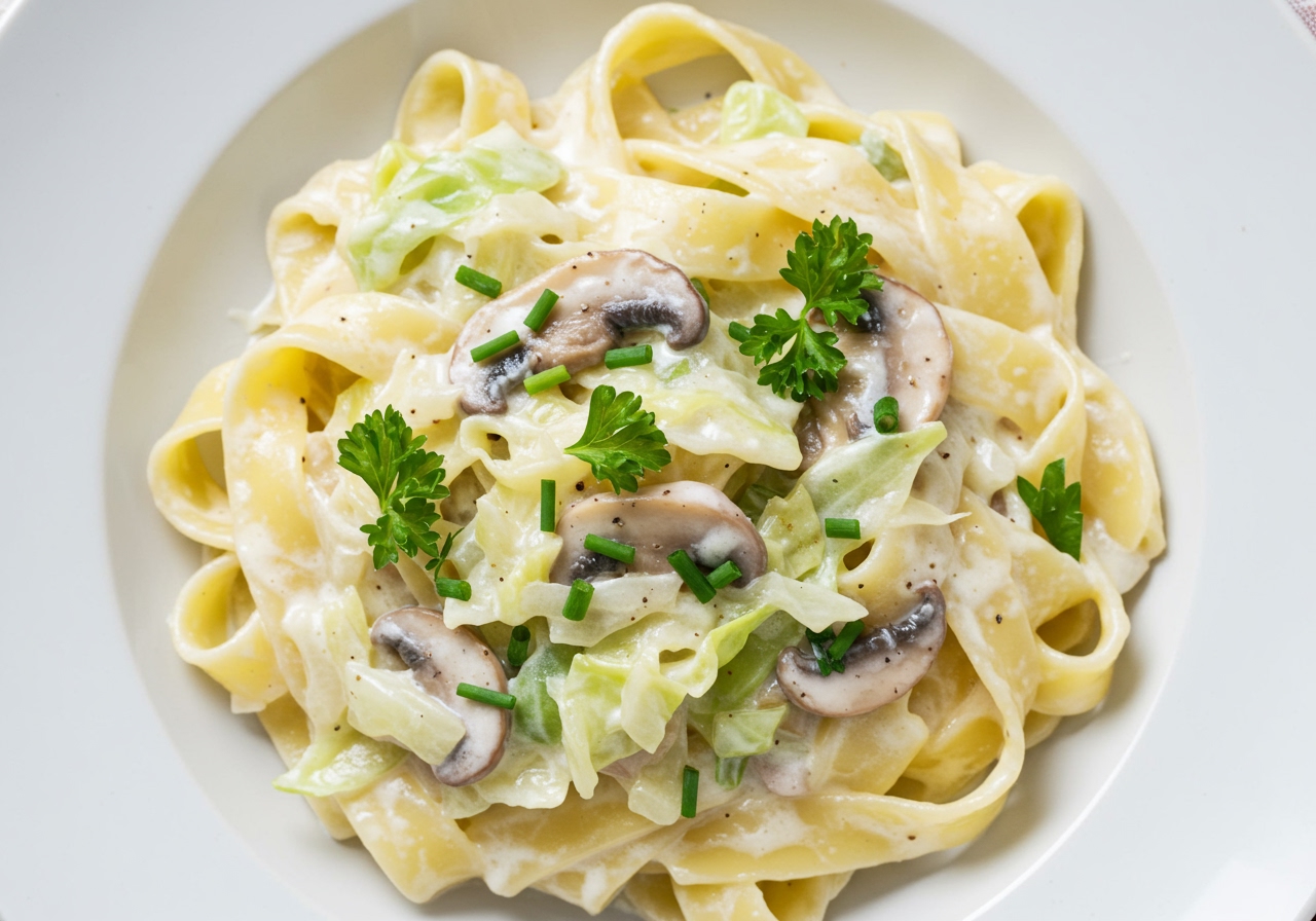 A creamy pasta dish made with a light, white sauce. It contains tender pieces of cabbage and perhaps some mushrooms. Garnished with a sprinkle of green herbs.