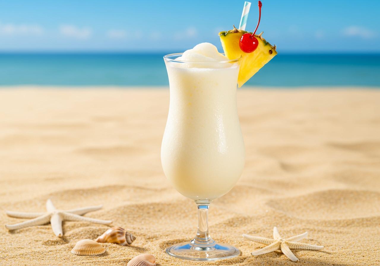 A creamy white Frozen Piña Colada in a hurricane glass, garnished with a pineapple wedge and a cherry, placed on a beach-themed background with sand and shells.