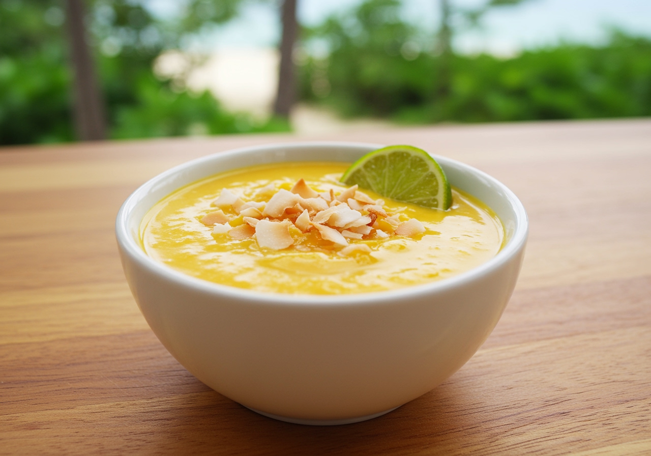 A creamy, yellow cold mango and coconut soup in a small white bowl, garnished with toasted coconut flakes and a slice of lime.