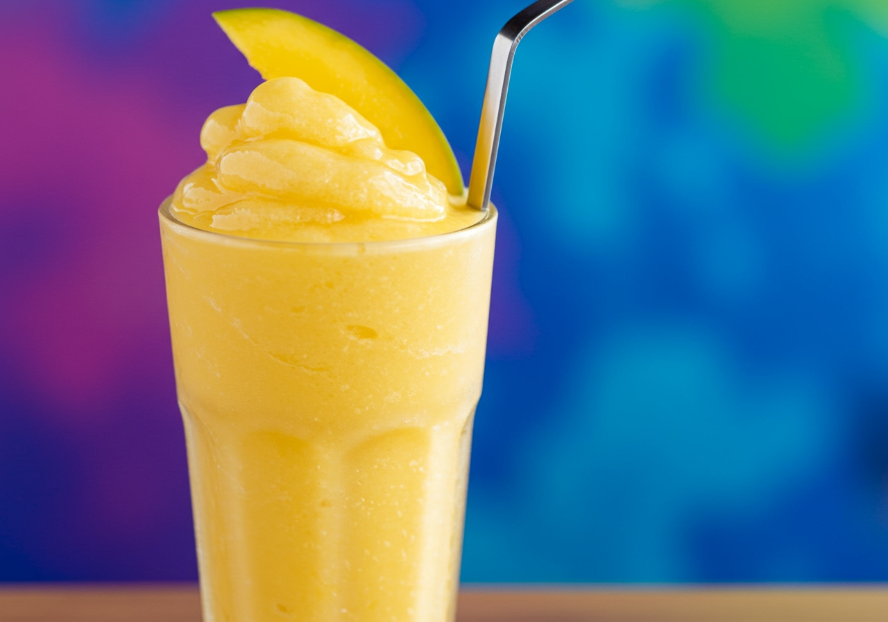 A creamy yellow frozen drink in a glass with a spoon, garnished with a slice of mango, on a colorful background.
