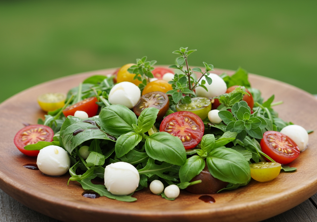 A creative Caprese salad with mixed greens including arugula, different types of tomatoes, small mozzarella balls, and a mix of basil and mint leaves.
