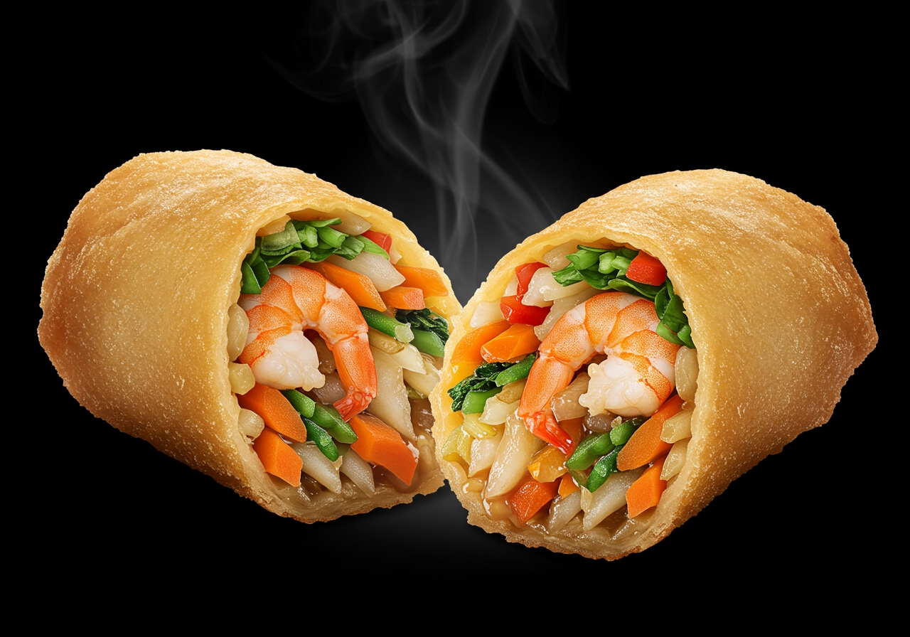 A cross-section of a fried spring roll, showing the juicy filling inside the crispy wrapper.
