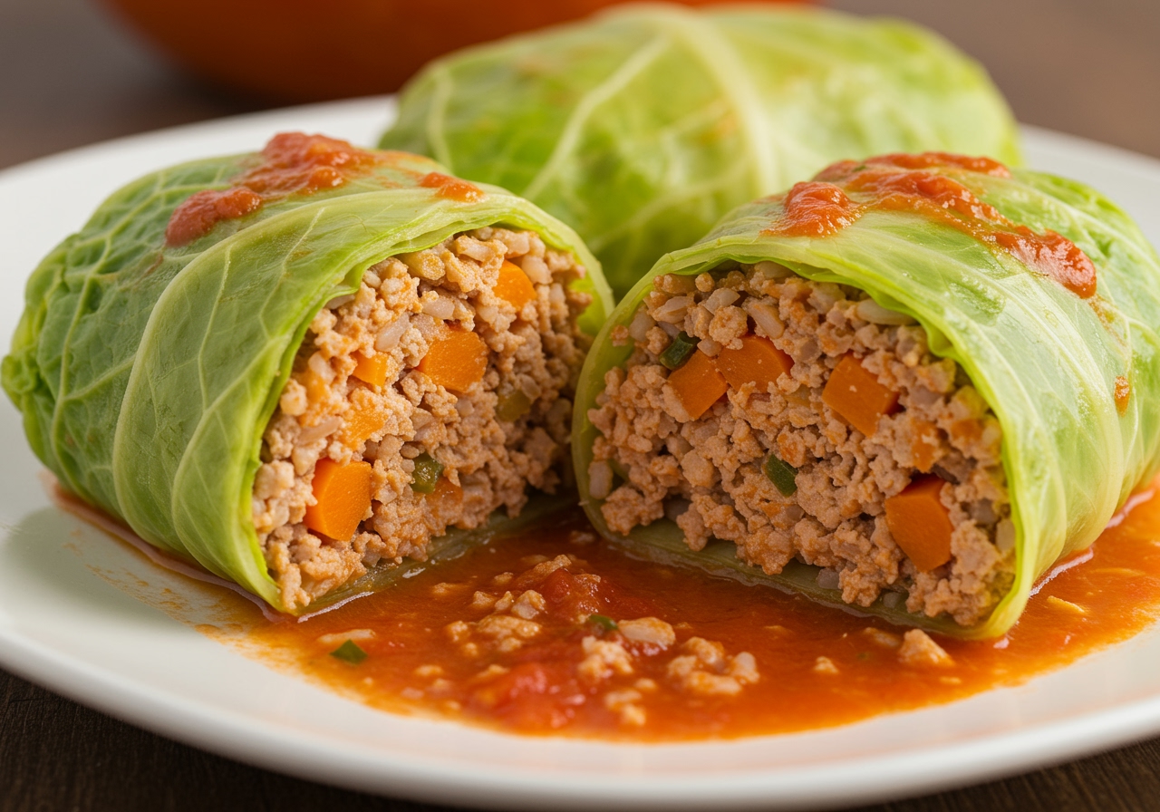 A cross-section of a healthy cabbage roll, showing the tender cabbage leaves, lean ground chicken and vegetable filling, and a hint of brown rice, with a light tomato sauce.