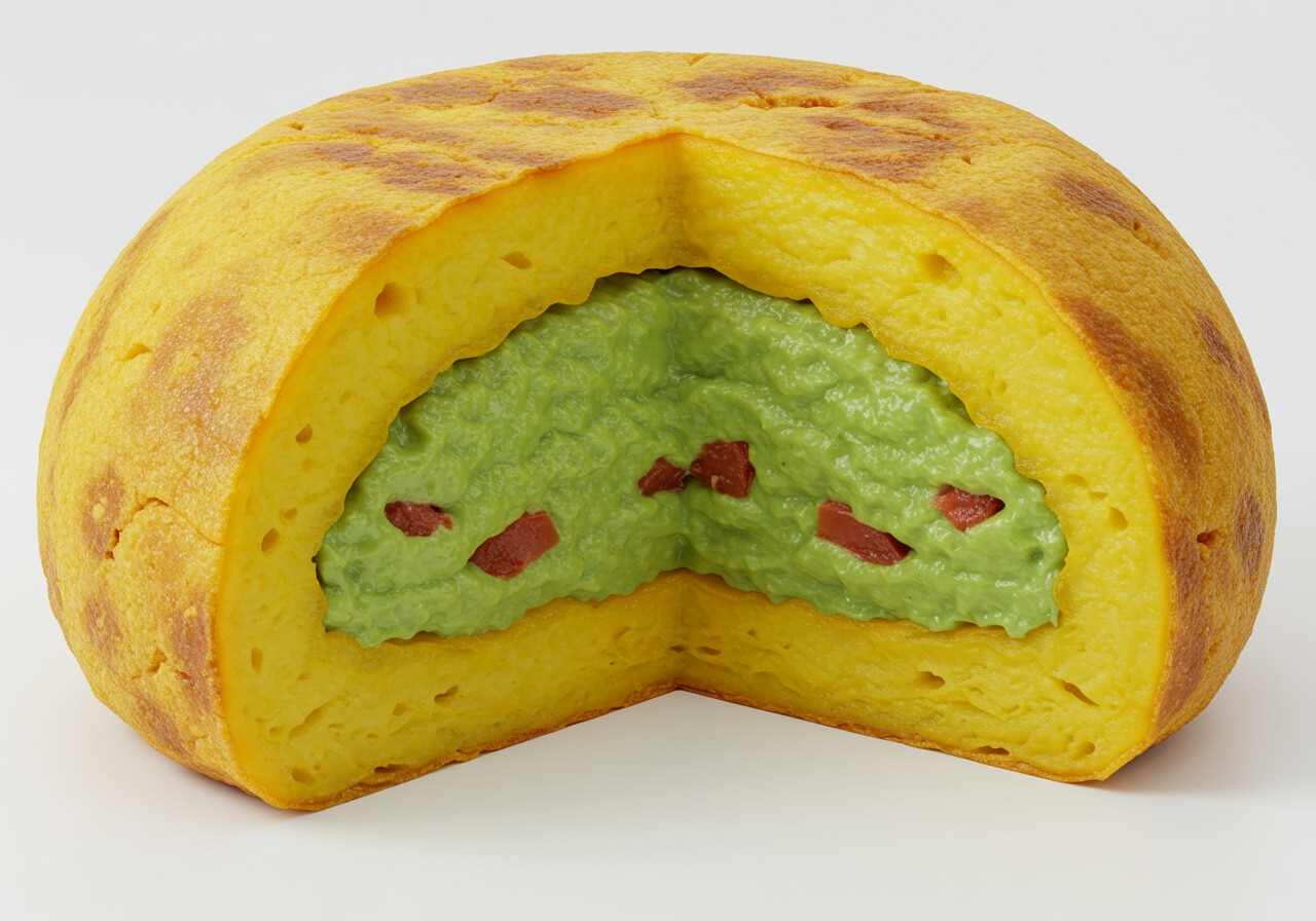 A cross-section of a perfectly chilled and sliced Causa Rellena, showing distinct layers of yellow potato and a creamy, vibrant green avocado and red tomato filling.