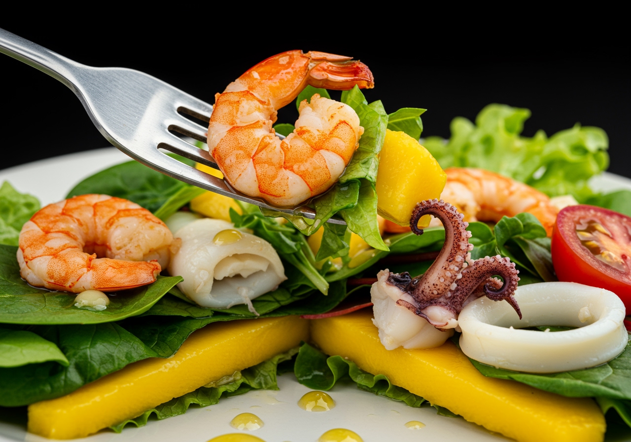 A cross-section view showing the layers and textures of the salad - perhaps a fork lifting a bite, highlighting a piece of shrimp, squid, mango, and some greenery.