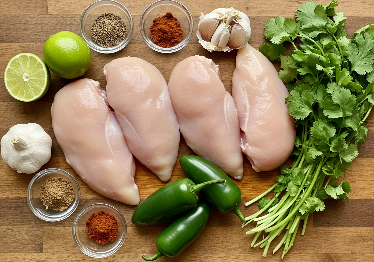 A culinary flat lay featuring all the fresh ingredients for jalapeño lime chicken: chicken breasts, whole jalapeños, cut limes, garlic, cilantro, and spices, artistically arranged.