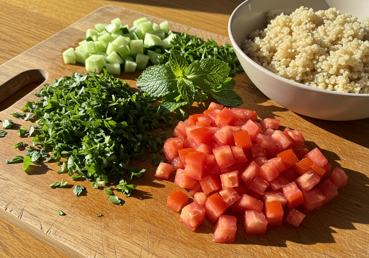 A cutting board with finely chopped fresh parsley, mint, tomatoes, and cucumber, next to a bowl of cooked quinoa.