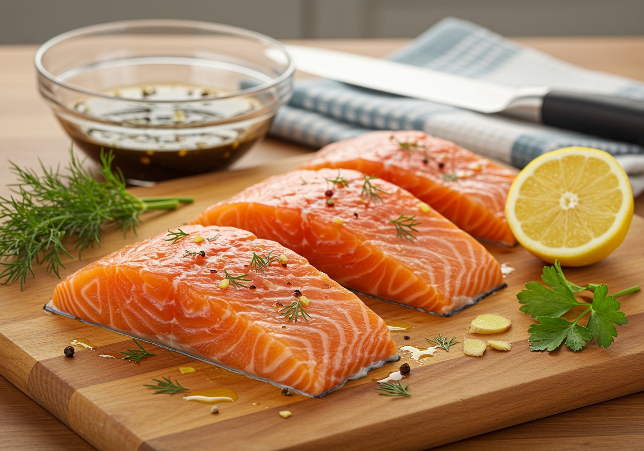 A cutting board with fresh salmon fillets being prepared, with a bowl of marinade, fresh herbs, lemon, and a knife in the background, showing the preparation steps.