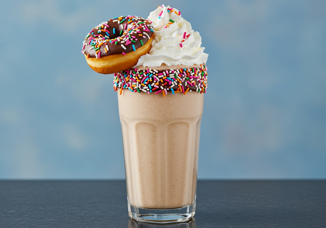 A decadent donut milkshake in a tall glass, topped with whipped cream, sprinkles, and a small piece of donut.