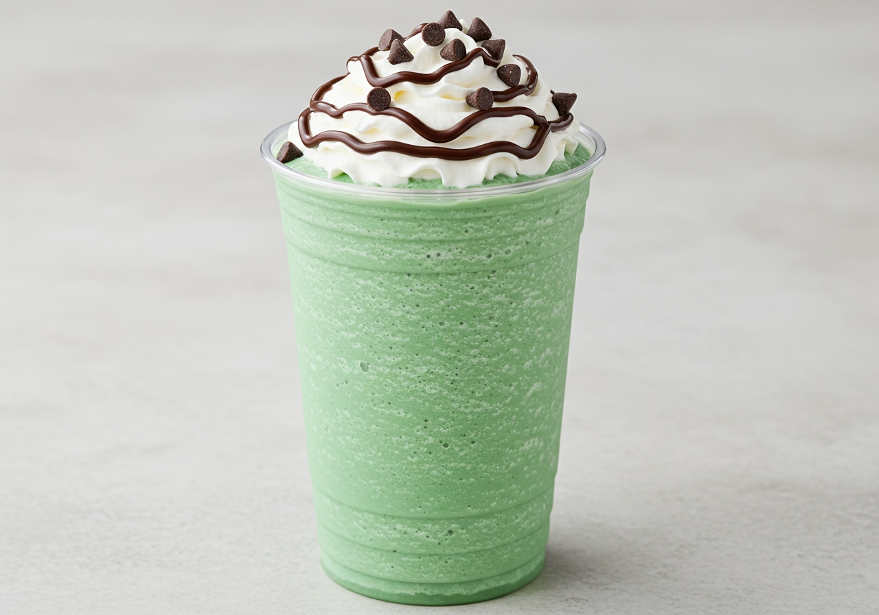A decadent Mint Chip Choc Crunch blended drink, topped high with whipped cream, chocolate syrup drizzle, and a sprinkling of chocolate chips, served in a clear cup.