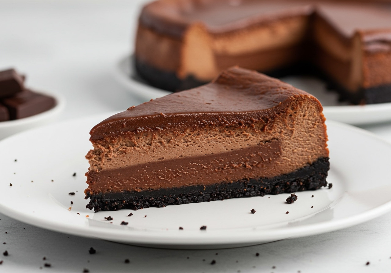 A decadent slice of no-bake double chocolate cheesecake on a plate, showing the rich dark color and creamy texture. Focus on the cross-section of the slice.