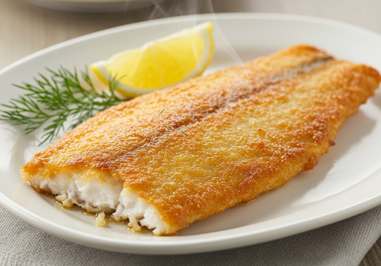 A delicious air-fried fish fillet on a plate, perhaps with a side of lemon or herbs.