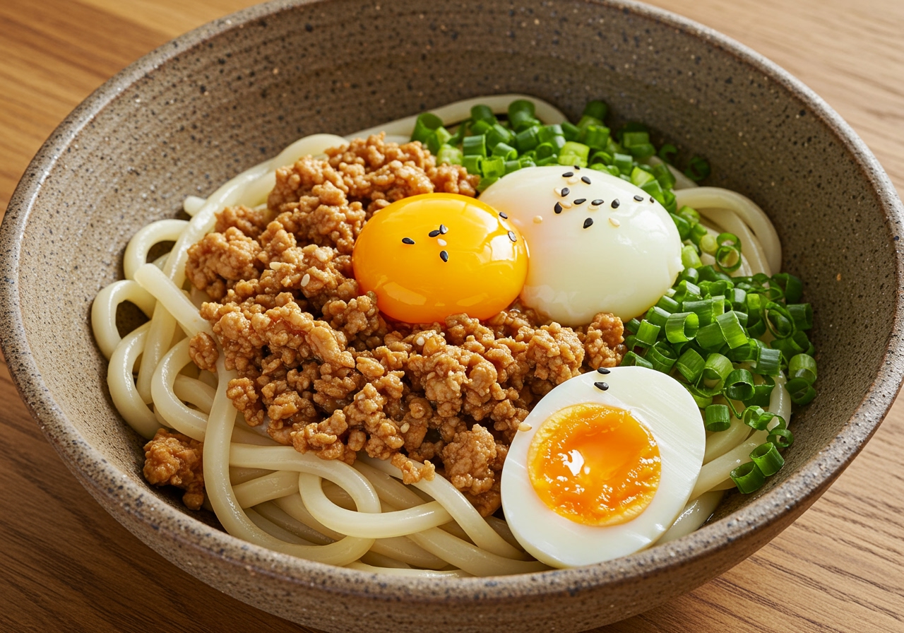 A delicious and easy cold udon noodle bowl topped with minced chicken, a soft-boiled egg, and chopped green onions.