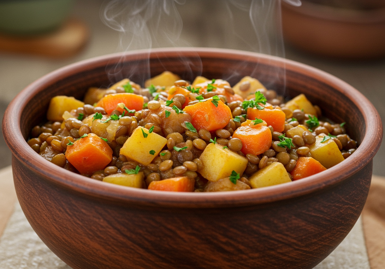 A delicious and hearty dish of lentil and vegetable stew served in a bowl, garnished with fresh herbs.