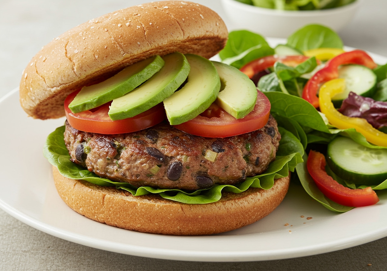 A delicious, assembled turkey black bean burger on a whole wheat bun, topped with avocado, lettuce, and tomato, with a side salad.