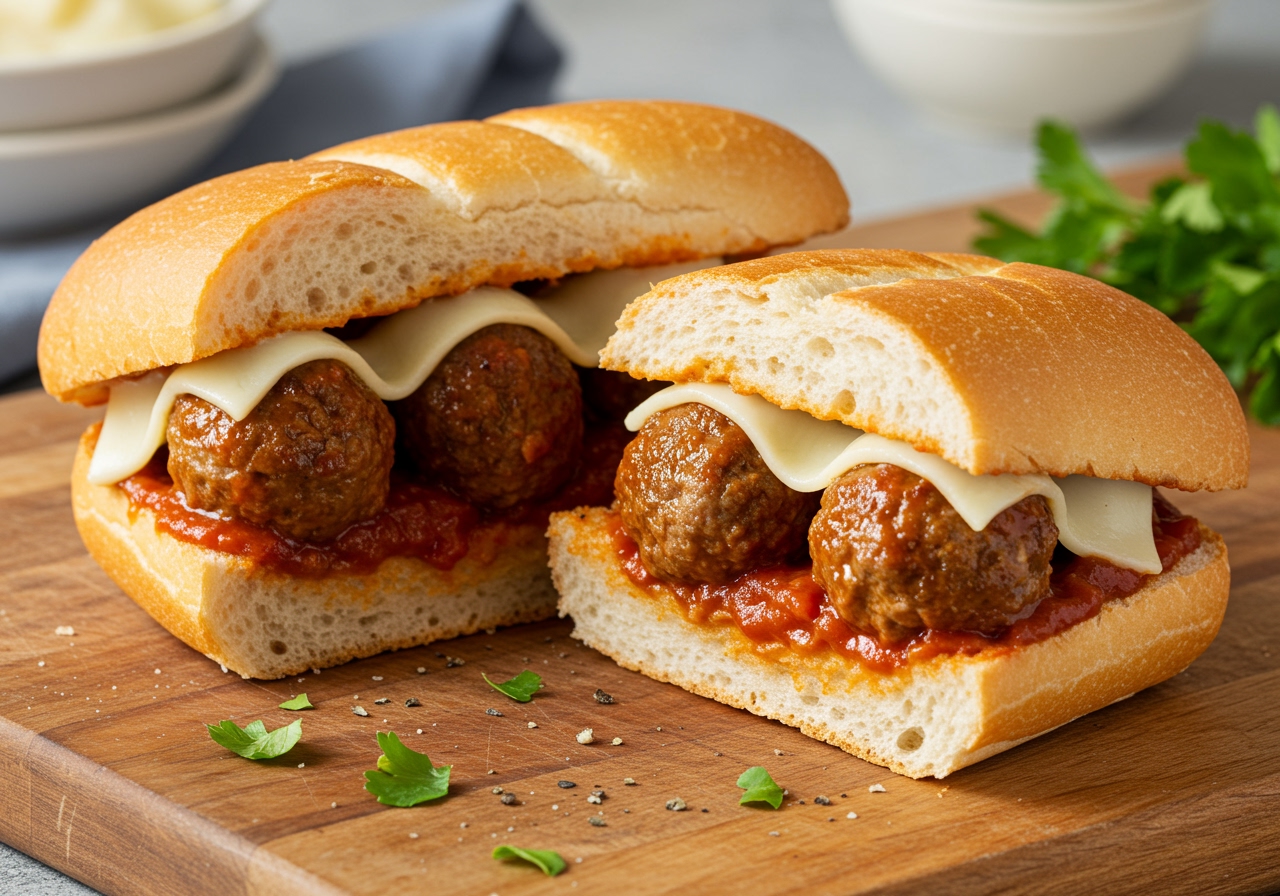 A delicious easy meatball sandwich cut in half, showing the juicy meatballs, rich sauce, and melted cheese inside a long bread roll. The sandwich is placed on a cutting board with a few scattered herbs.