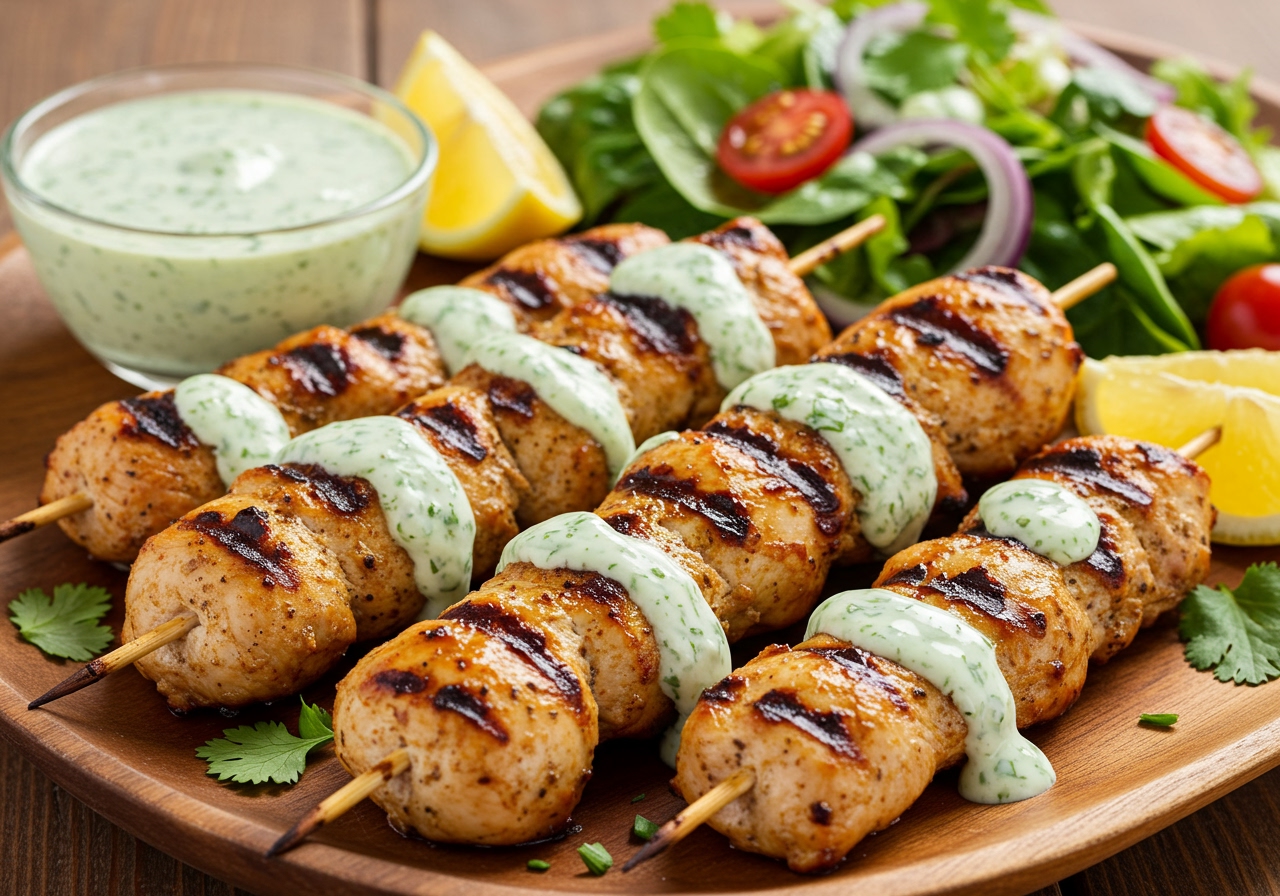 A delicious image showing grilled chicken skewers drizzled generously with the cilantro lime yogurt sauce, perhaps alongside a fresh salad.