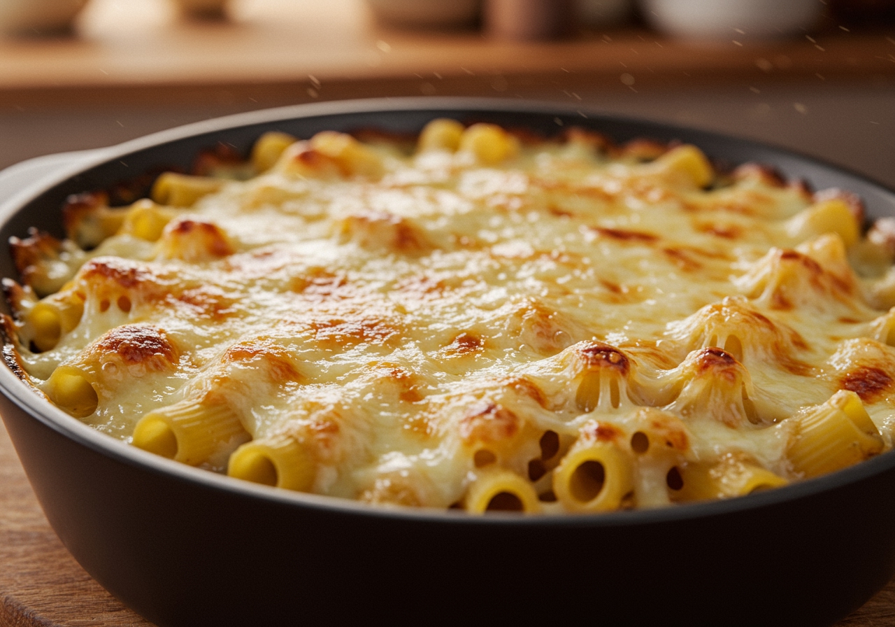 A delicious-looking, bubbling easy cheesy gratin fresh out of the oven, with melted cheese on top and visible ingredients like pasta or potatoes.