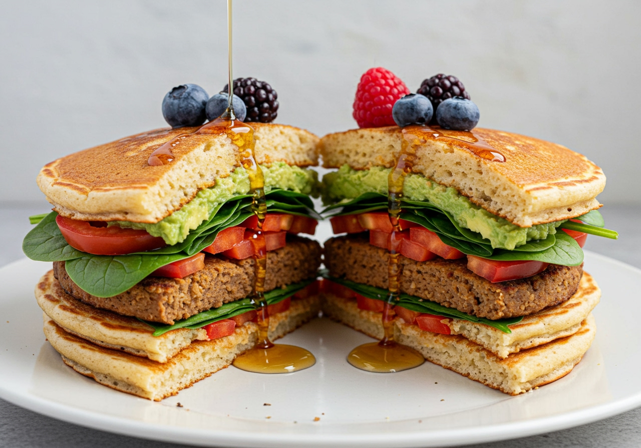 A delicious-looking healthy pancake breakfast sandwich, cut in half to show layers of healthy fillings.
