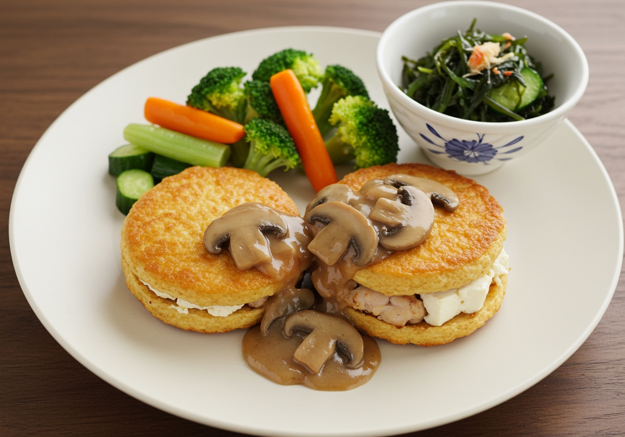 A delicious looking tofu and chicken mini-burger with a savory mushroom sauce on top, served with a side of colorful steamed vegetables and a small bowl of vinegared seaweed and cucumber salad. This represents a gentle yet satisfying main dish.