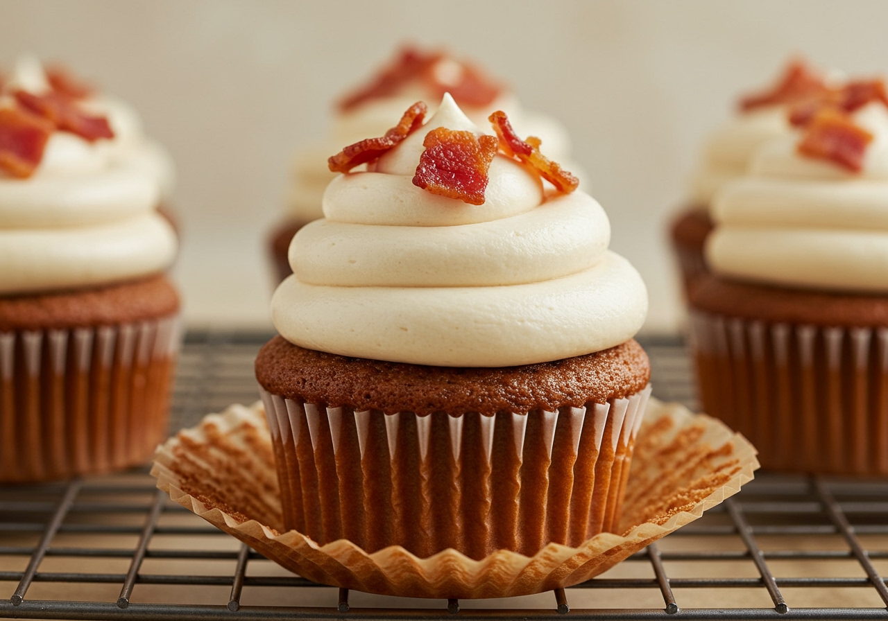 A delicious maple bacon buttermilk cupcake on a cooling rack, with a few crispy bacon bits sprinkled on top of the frosting. The cupcake liner is simple and rustic.