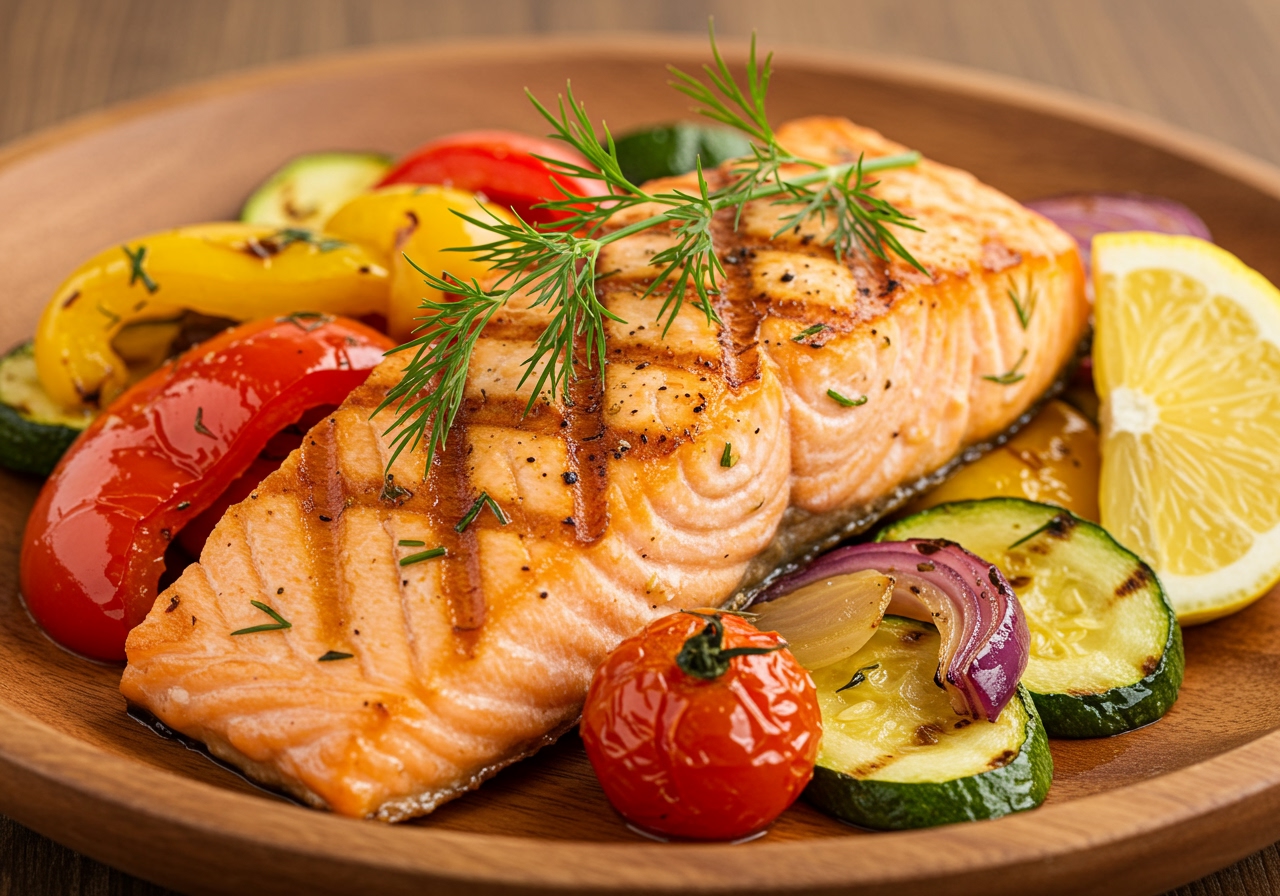 A delicious Mediterranean-style grilled salmon fillet with roasted colorful bell peppers, zucchini, cherry tomatoes, and red onions, garnished with fresh dill and a lemon wedge.