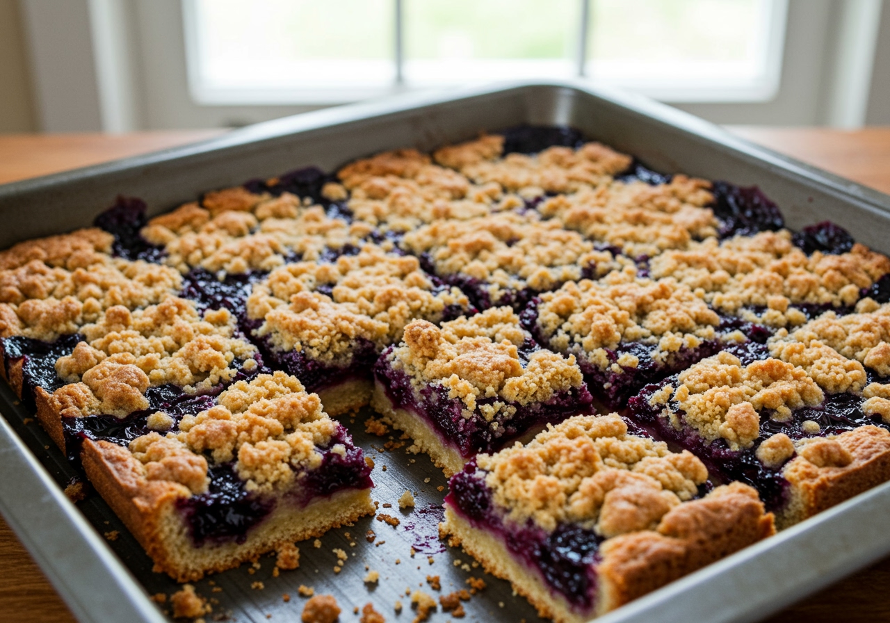 A delicious pan of freshly baked blueberry crumble bars cut into squares.