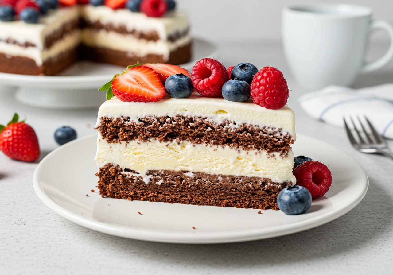 A delicious slice of healthy ice cream sandwich cake on a plate, showing distinct layers of cake and ice cream, garnished with fresh berries.