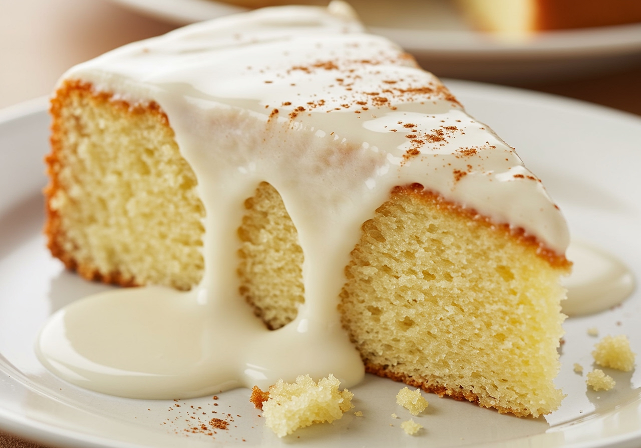 A delicious slice of horchata-soaked vanilla cake, perhaps with a dusting of cinnamon