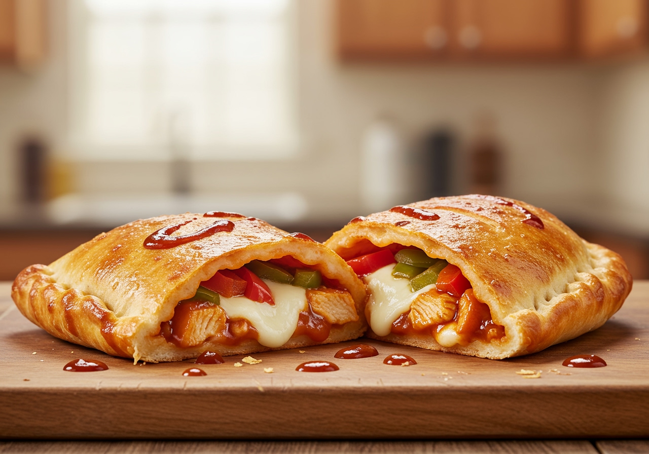 A deliciously golden-brown BBQ chicken calzone, freshly baked and cut open to reveal cheesy, saucy filling inside, resting on a cutting board.