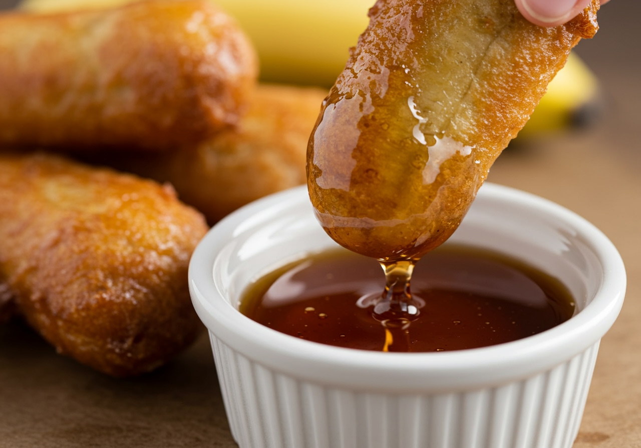 A delightful close-up of a single perfectly golden-brown banana fritter, its crispy texture visible, being gently dipped into a small, glossy pool of maple syrup contained in a white ceramic ramekin. The background is softly blurred, focusing on the enticing sweetness.