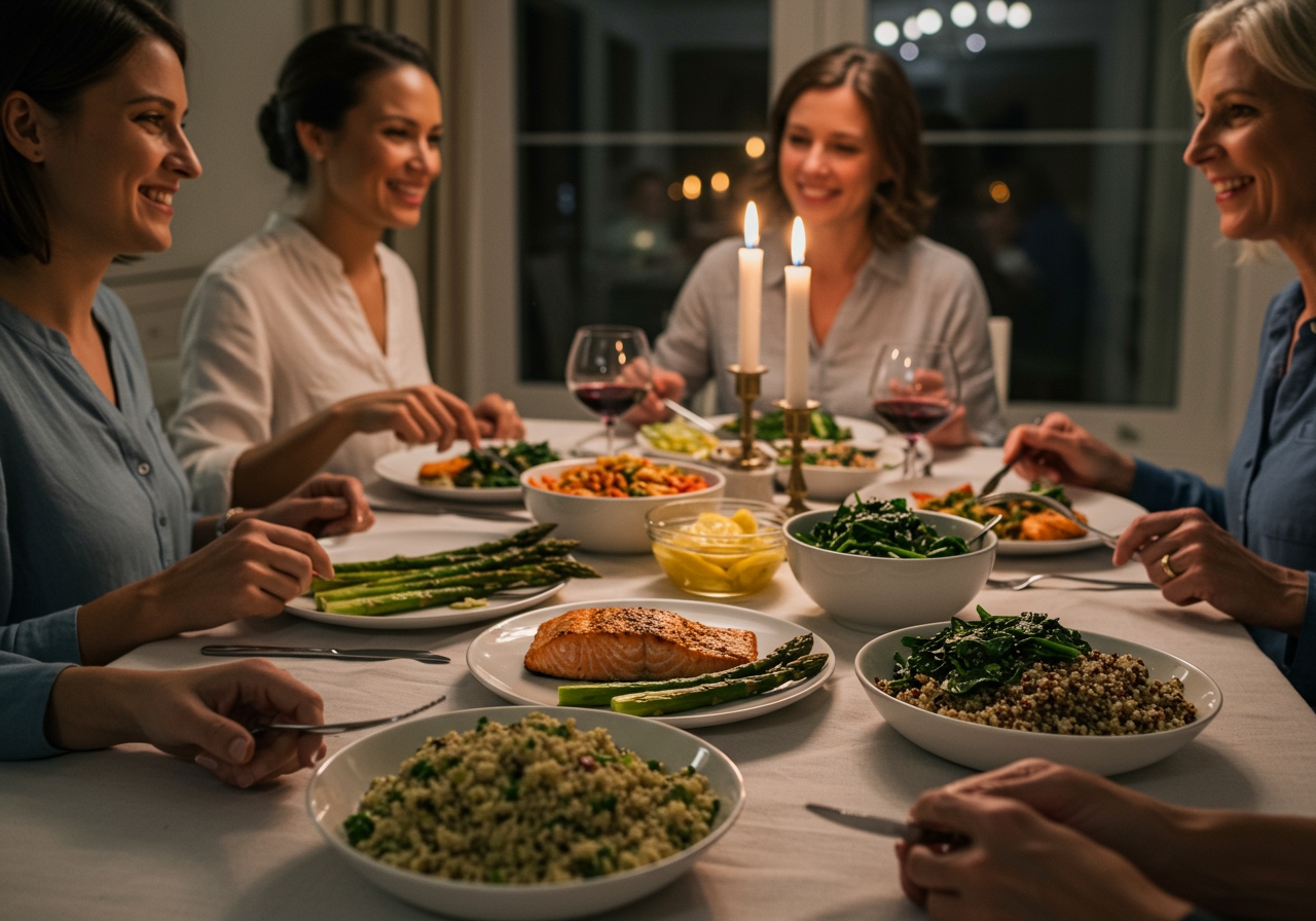 A delightful family dinner scene featuring a perfectly grilled salmon main dish, surrounded by various healthy side dishes, creating a warm and inviting atmosphere.