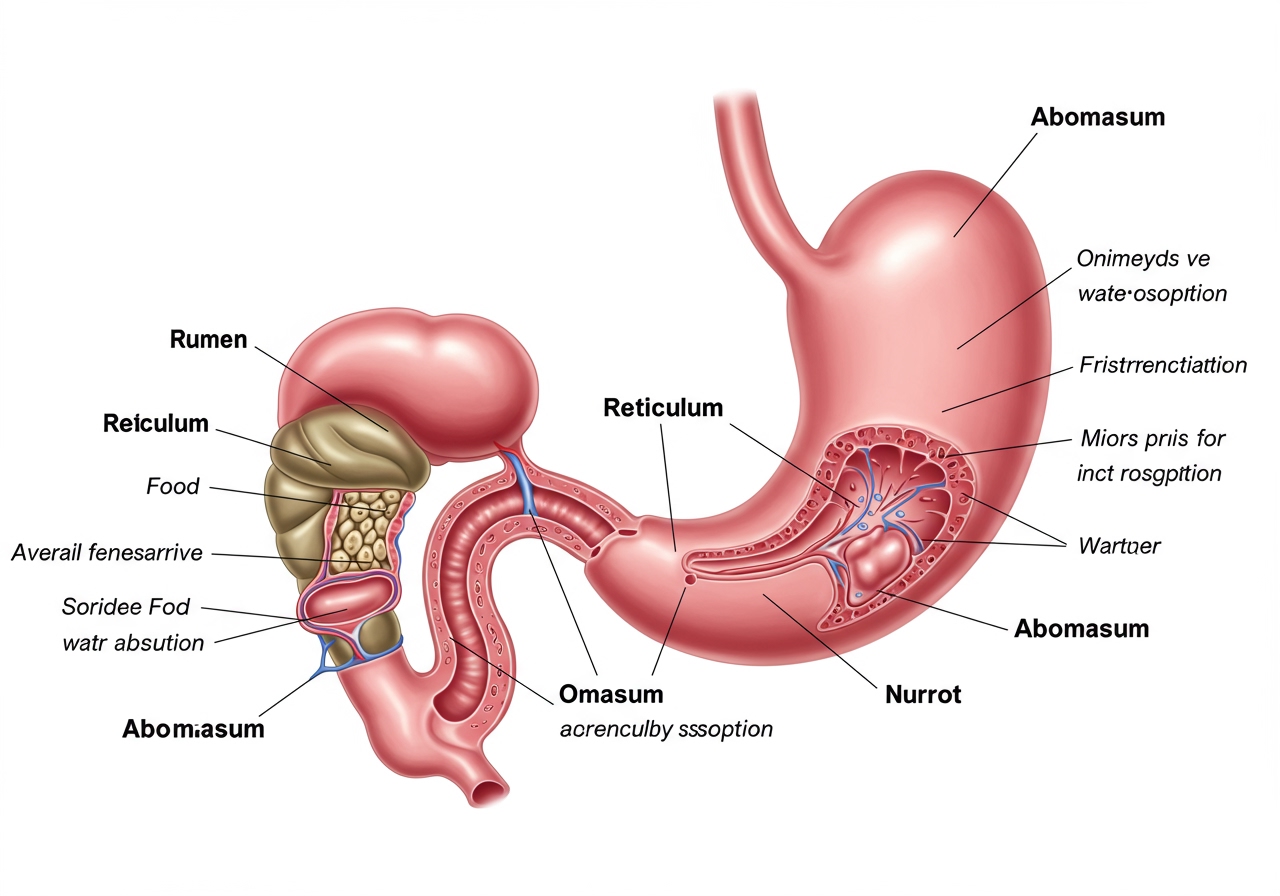A detailed anatomical diagram showing the four compartments of a cow's stomach (rumen, reticulum, omasum, abomasum).