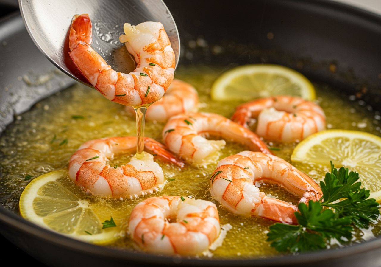 A detailed shot of the sous vide cooked shrimp being added to a simmering lemon butter sauce in a pan, with fresh herbs and lemon slices nearby.