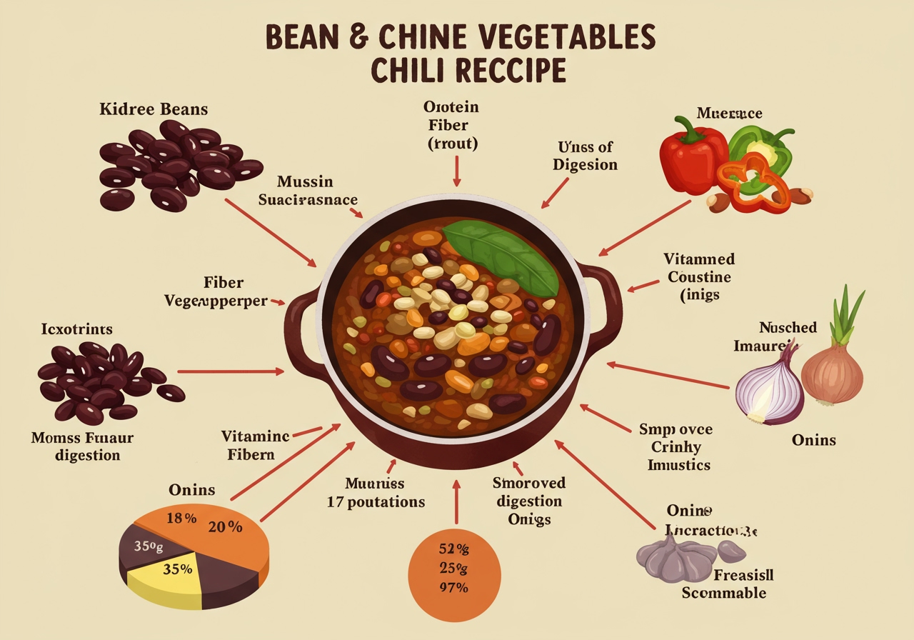 A diagram showing the nutritional benefits of beans and vegetables used in the chili recipe (protein, fiber, vitamins, minerals).