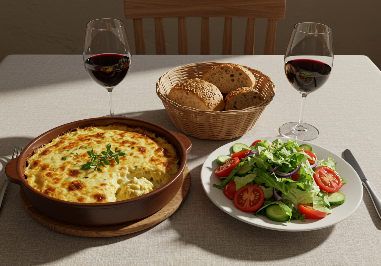A dinner table scene with a large dish of easy cheesy gratin, accompanied by a side salad, crusty bread, and glasses of wine.