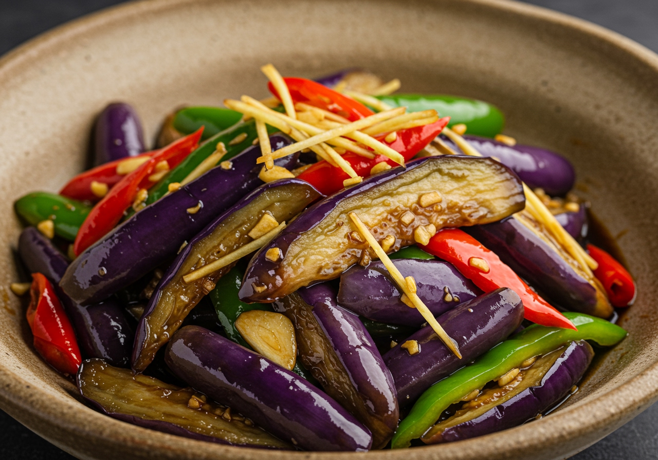 A dish of Chinese cold eggplant and pepper salad (Liangban) with ginger, garlic, and a dark sauce, showing the soft texture of the eggplant.
