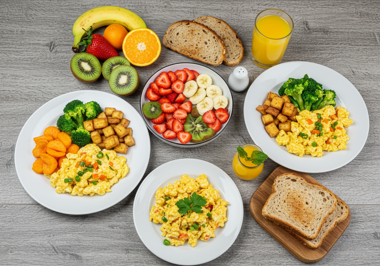 A diverse breakfast spread featuring various types of scrambles (egg, tofu, vegetable), fresh fruit platter, whole-grain toast, and a glass of orange juice, arranged beautifully on a rustic wooden table, representing a healthy and appetizing meal.