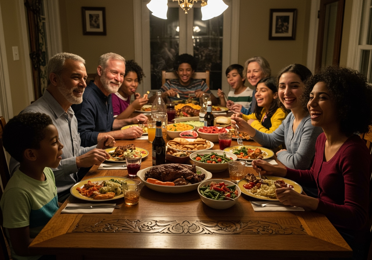 A diverse family of 10 people happily eating a large meal together at a table.