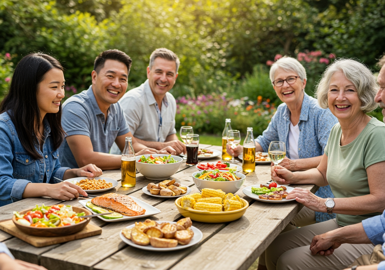 A diverse group of friends and family enjoying a BBQ party, with a table laden with grilled salmon, various side dishes, and drinks, in a joyful, sunny outdoor setting.
