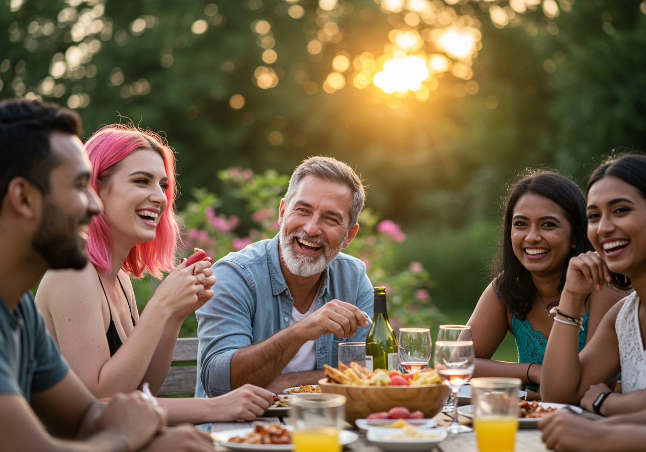 A diverse group of friends laughing and enjoying food and drinks at an outdoor summer party, with blurred background of lush greenery and warm lighting.