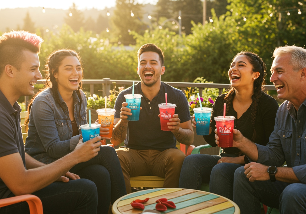 A diverse group of friends laughing and holding various colorful Dutch Bros drinks, sitting together on a sunny outdoor patio, embodying joy and community.