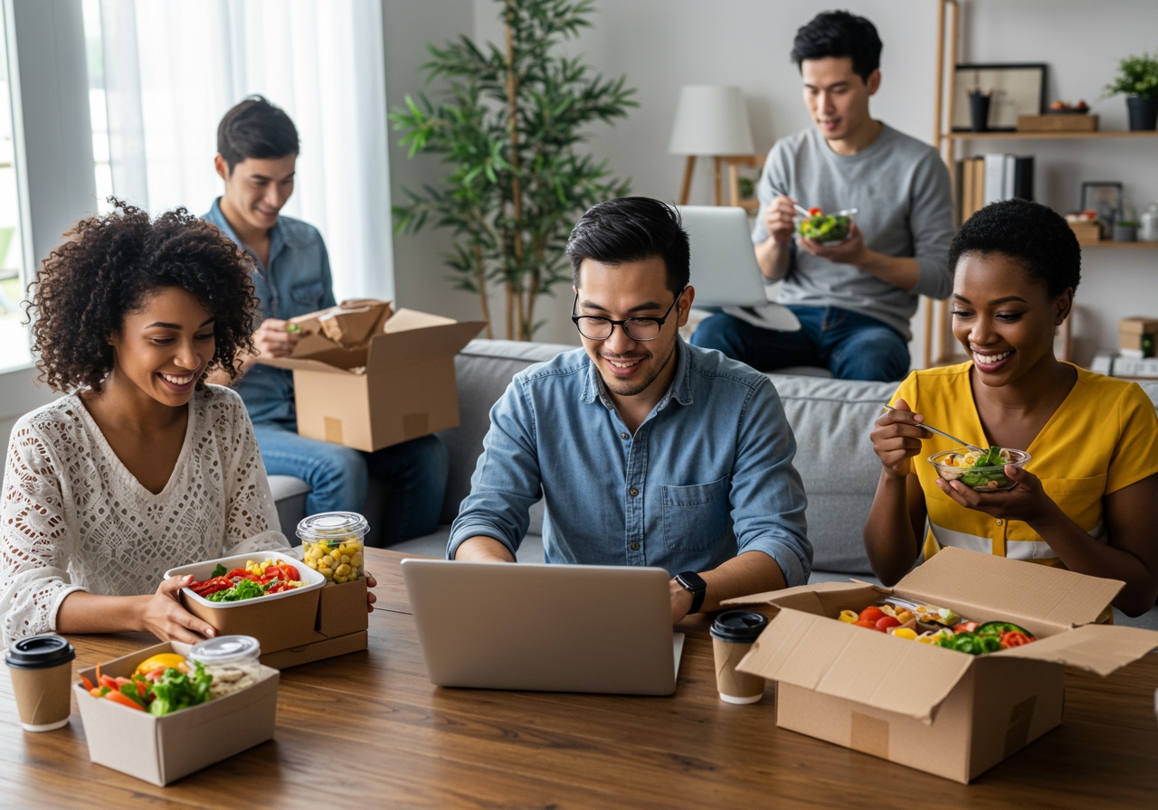 A diverse group of people enjoying various healthy meals delivered by a food subscription box, each happily working on their laptops in comfortable home office settings, reflecting a balanced work-life.