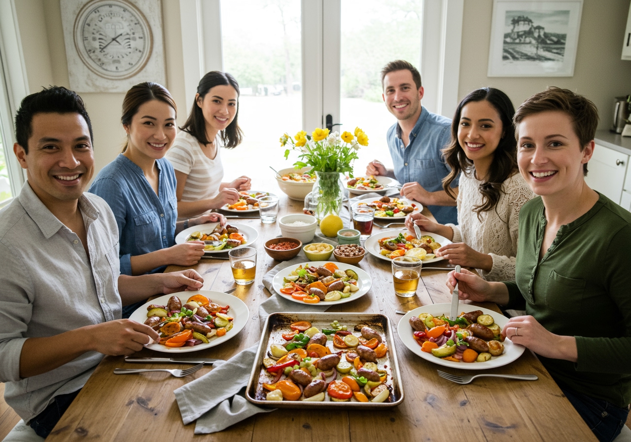 A diverse group of smiling people of various ages (a family or friends) gathered around a beautifully set dining table, happily sharing plates of the sheet pan sausage and seasonal vegetable meal. The atmosphere is warm, inviting, and joyful, emphasizing healthy eating, togetherness, and the ease of preparing such a delicious meal for a group.